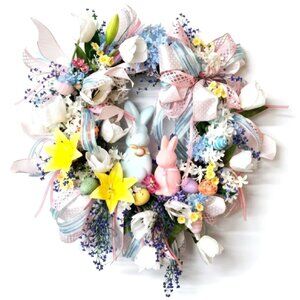 Spring Easter Wreath Bunny Decor Pastel Flowers and Ribbons Large 28 Inch